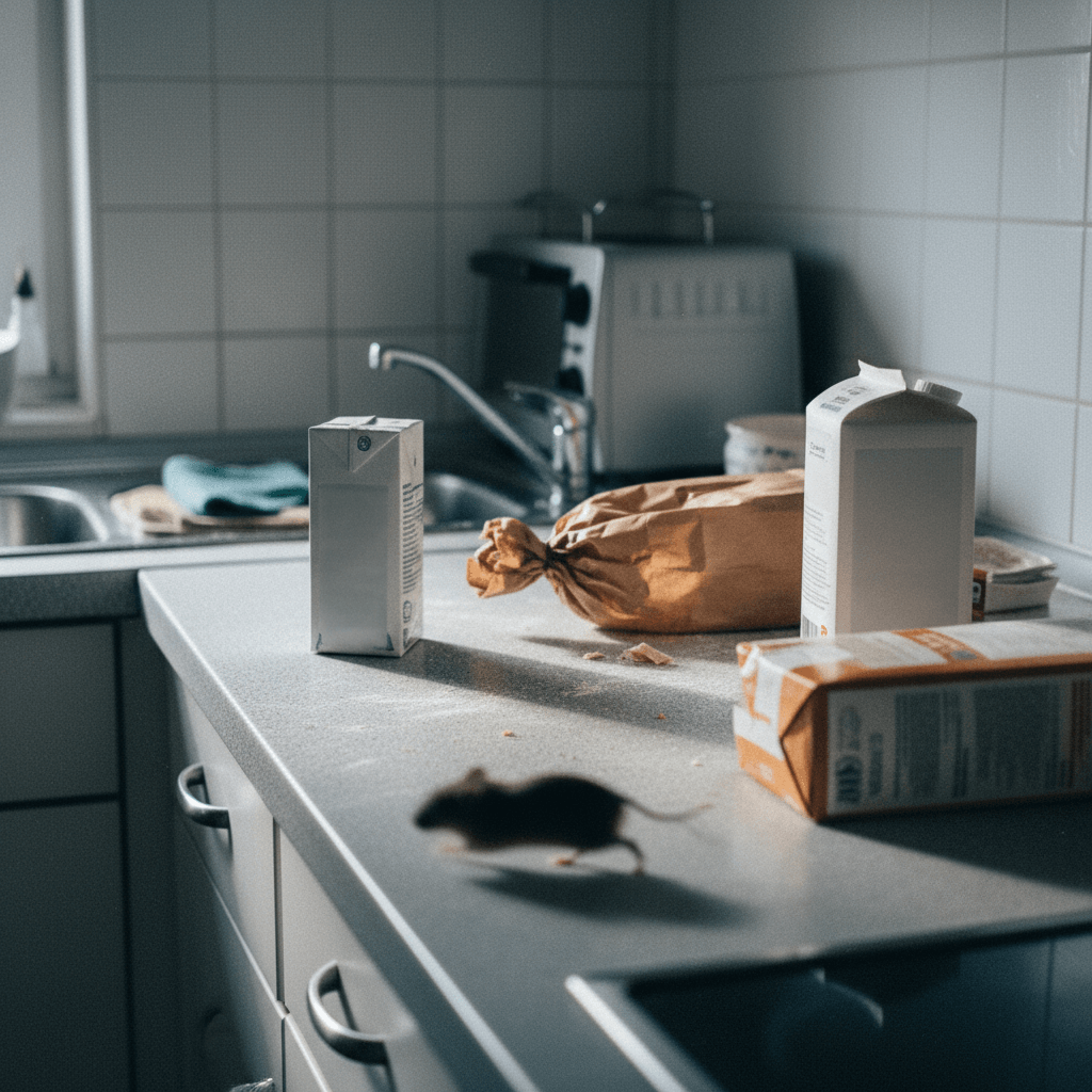 Maus in einer deutschen Küche neben Vorräten, unscharf im Hintergrund, aufgenommen mit Handy