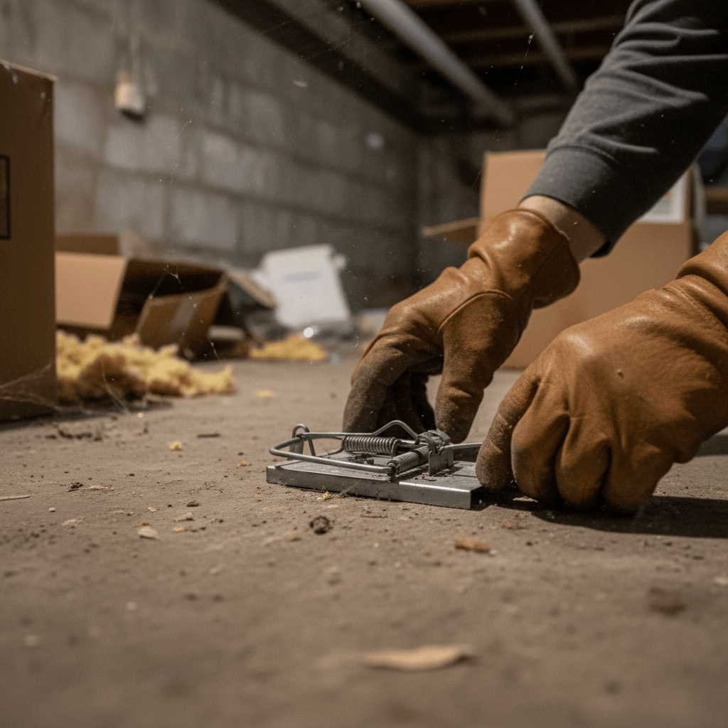 Nahaufnahme von Händen eines Handwerkers die Ausrüstung zur Schädlingsbekämpfung prüfen
