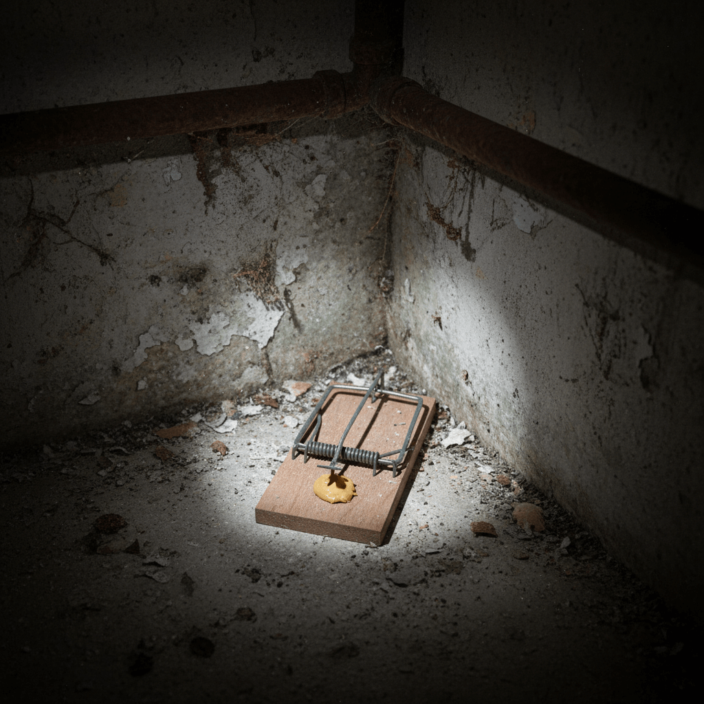 Schlagfalle in einer dunklen Ecke eines Kellers, professionell aufgestellt