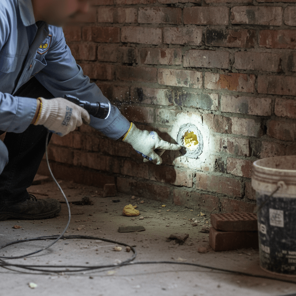 Techniker zeigt auf ein abgedichtetes Loch in der Wand, Kammerjäger Mäuse Einsatz